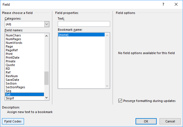 Field Code in the Field dialog box Word 2016