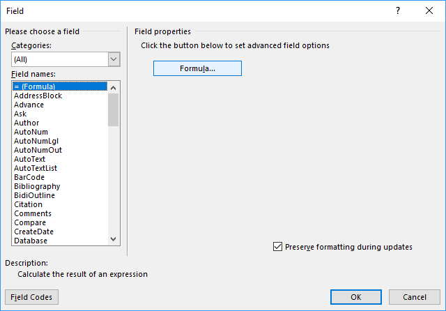 Formula in the Field dialog box Word 2016