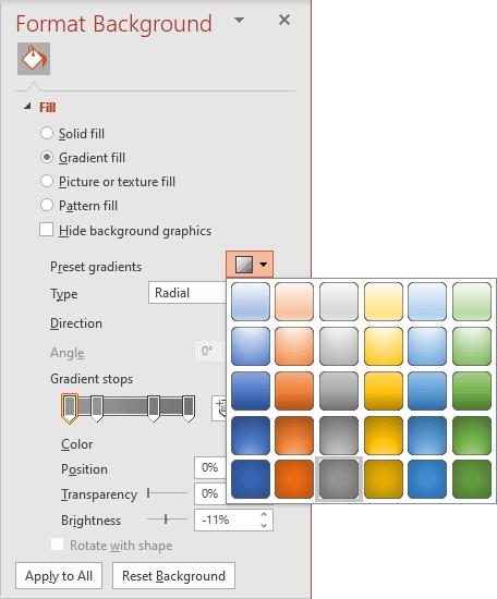 Preset gradient in PowerPoint 365