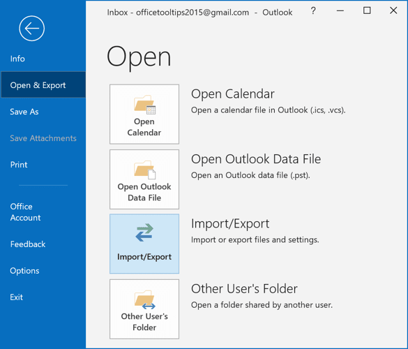 Import/Export in Outlook 2016