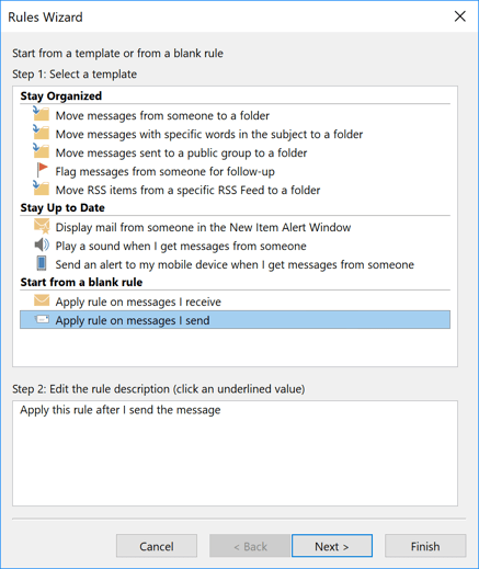 Rules Wizard 1 in Outlook 2016