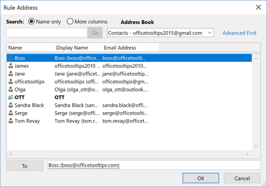 Rule Address in Outlook 2016