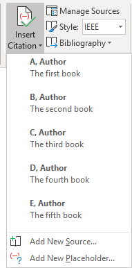 Drop-down list of Citations in Word 365