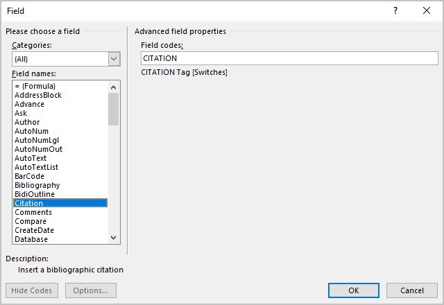 Citation field in Word 365