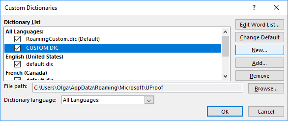 Custom Dictionaries dialog box in Word 2016