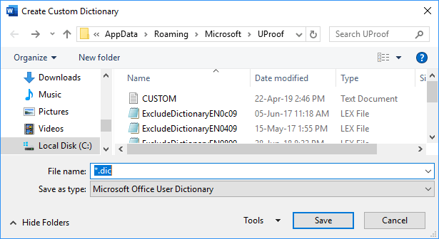 create custom dictionary in word 2013