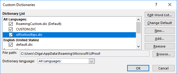 where is the custom dictionary in word stored