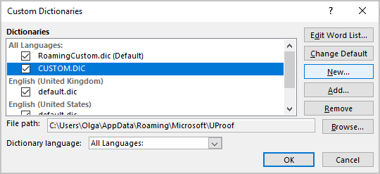 how to create a new custom dictionary in word