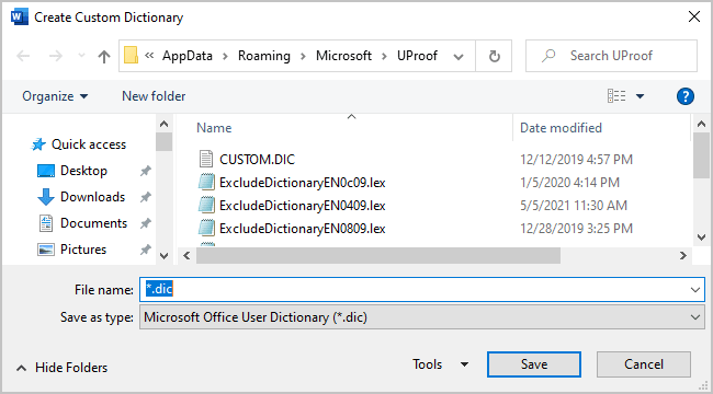 creating a custom dictionary in word