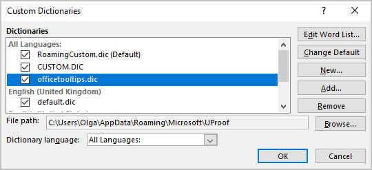 custom dictionary in word 365