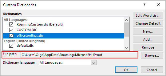 how do i get to custom dictionary in word