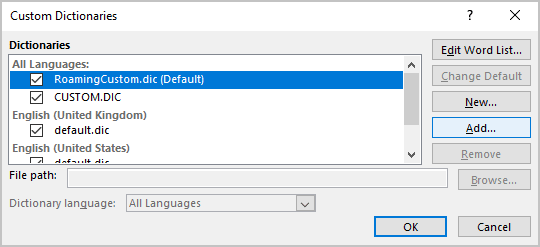 turn on custom dictionary in word