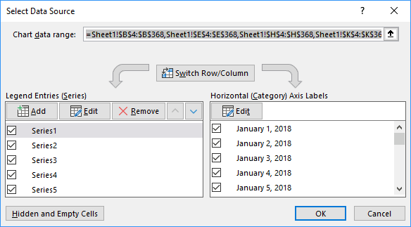 Select Data Source dialog box in Excel 2016