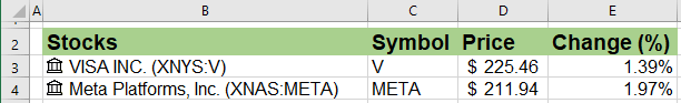 Stocks prices and other quotes in Excel 365