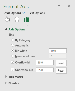 Format Axis for Histogram chart in Excel 2016