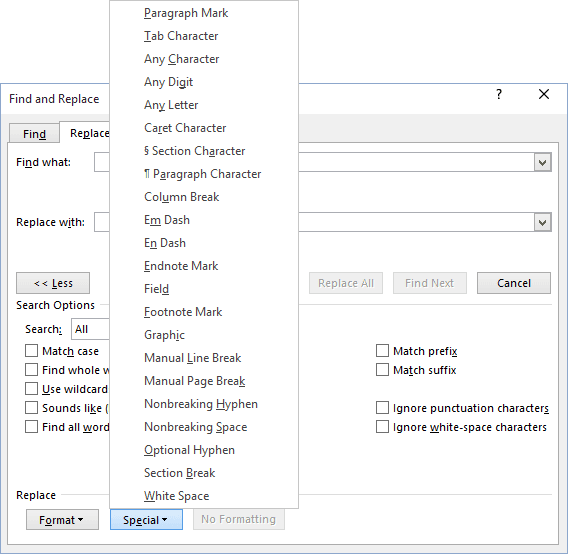 in word formatting marks what are all the symbols