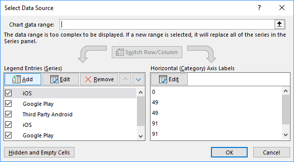 Select Data Source dialog box in Excel 2016