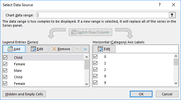 Select Data Source dialog box in Excel 2016