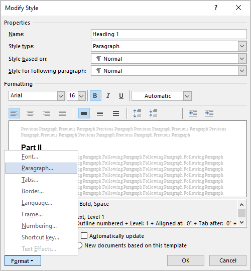 Modify Style dialog box in Word 2016