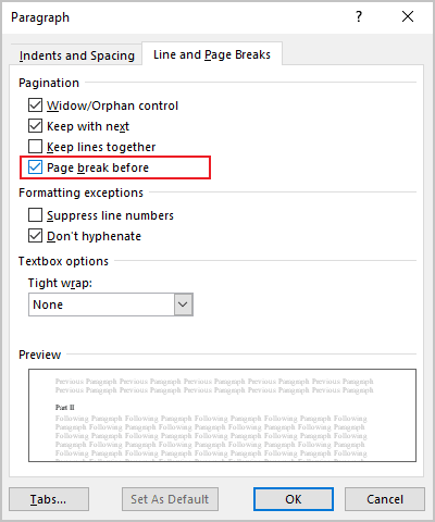 Paragraph dialog box in Word 2016