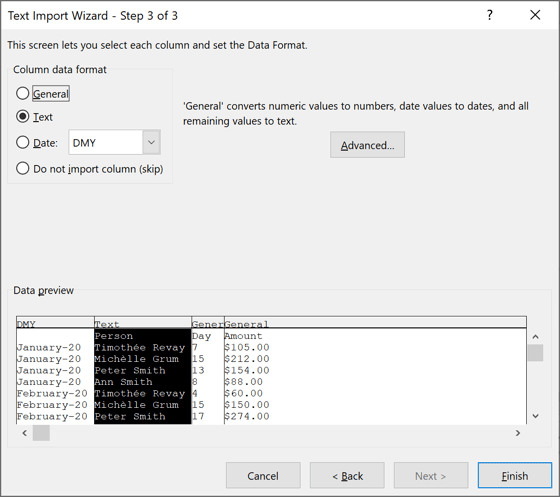 Text Import Wizard – Step 3 of 3 dialog box in Excel 2016