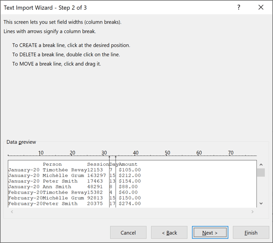 Text Import Wizard – Step 2 of 3 dialog box in Excel 2016