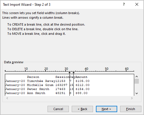 Text Import Wizard – Step 2 of 3 dialog box in Excel 365