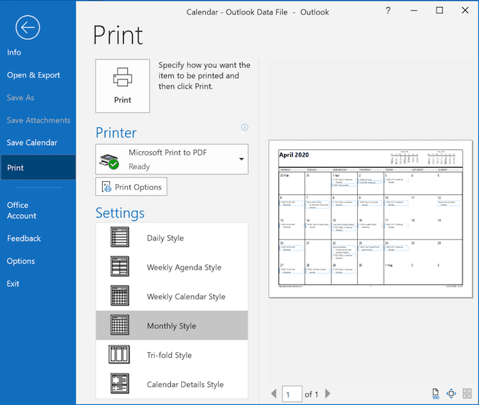 Print in Outlook 365