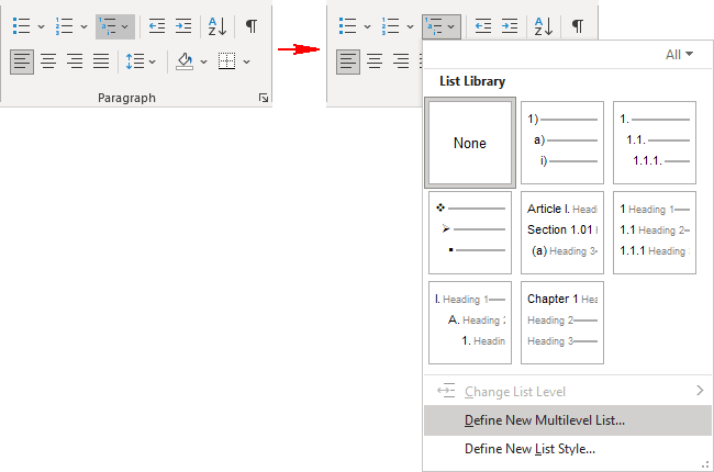 Define New Multilevel List in Word 365