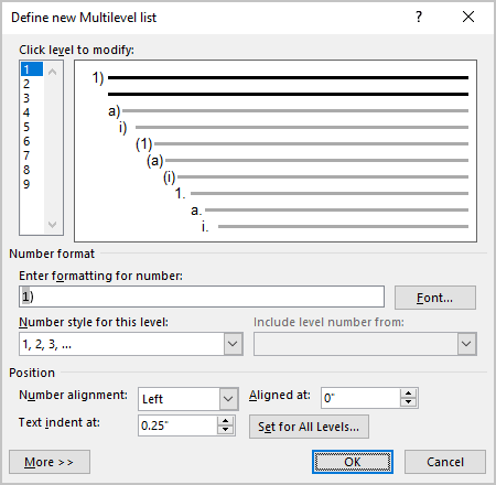 Customizing multilevel lists - Microsoft Word 365