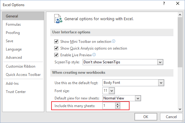 Number of sheets in Excel 2016