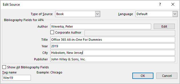 Edit Source dialog box in Word 365