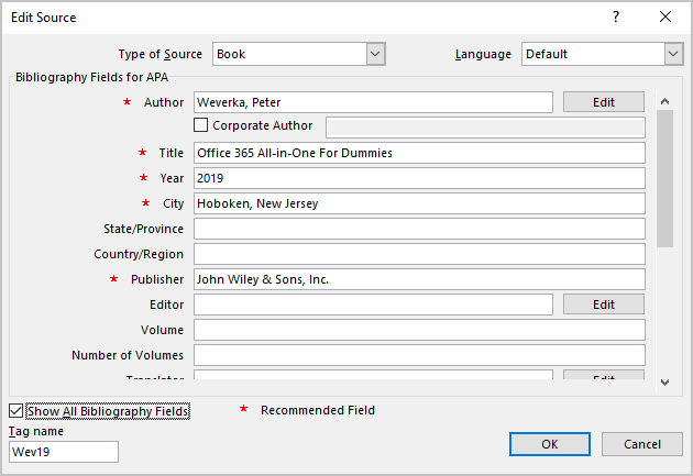 Full Edit Source dialog box in Word 365