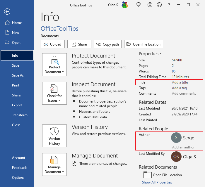 document info in word