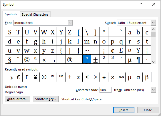 shortcut key to insert degree symbol in word