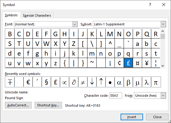 Currency symbol in Symbols Word 2016