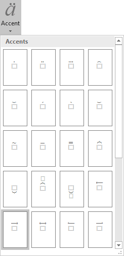 Rightwards Arrow Above in Accent Equation Word 2016