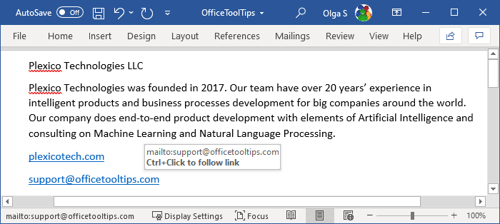 Insert an email hyperlink in a document - Microsoft Word 365