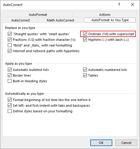 Ordinals in AutoCorrect dialog box Word 365