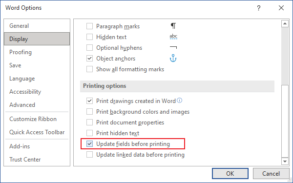 Update fields before printing in Word 365