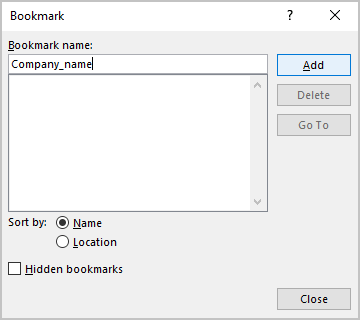 Add in Bookmark dialog box Word 365