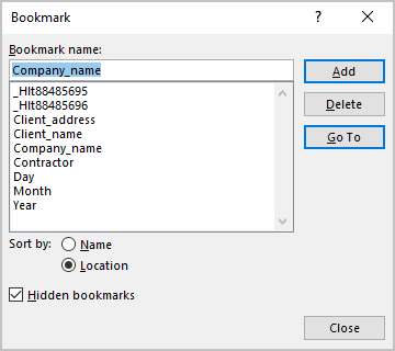 Hidden bookmarks in Bookmark dialog box Word 365