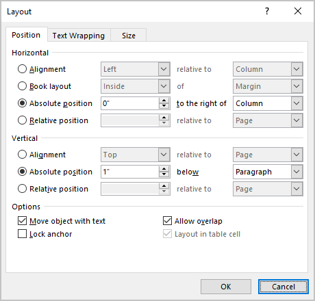 Position pictures, text boxes, shapes on the page - Microsoft Word 365