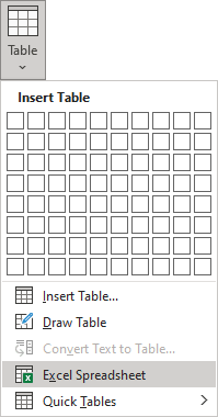 Excel Spreadsheet in Word 365