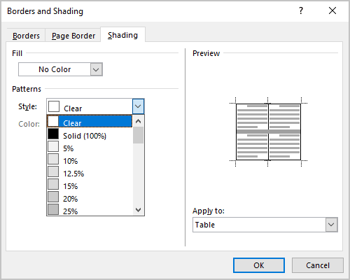 Shading tab in Borders and Shading dialog box Word 365