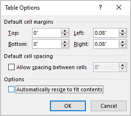 Table Options dialog box in Word 365