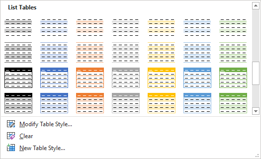 create table formatting in word 365