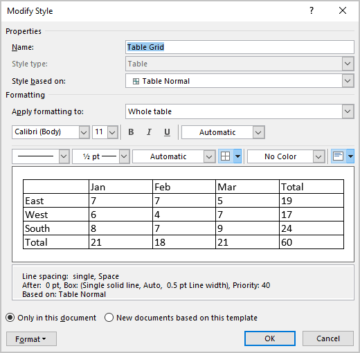 Modify Style dialog box in Word 365