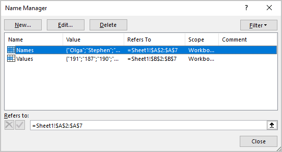 Name Manager dialog box in Excel 365