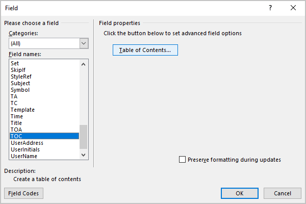 Field dialog box in Word 365